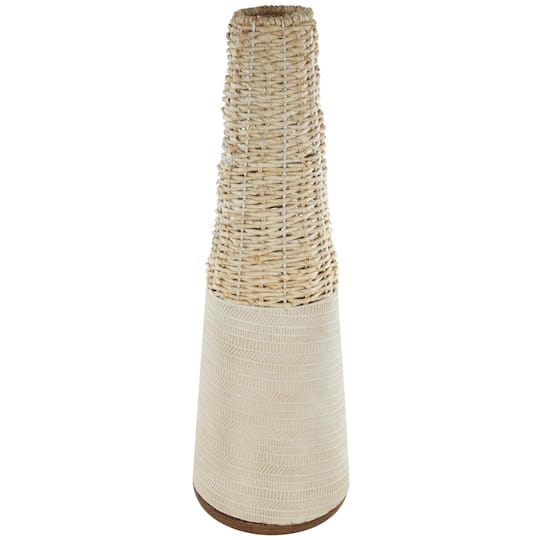 Light Brown Rattan Handmade Woven Vase with Beige Metal Base